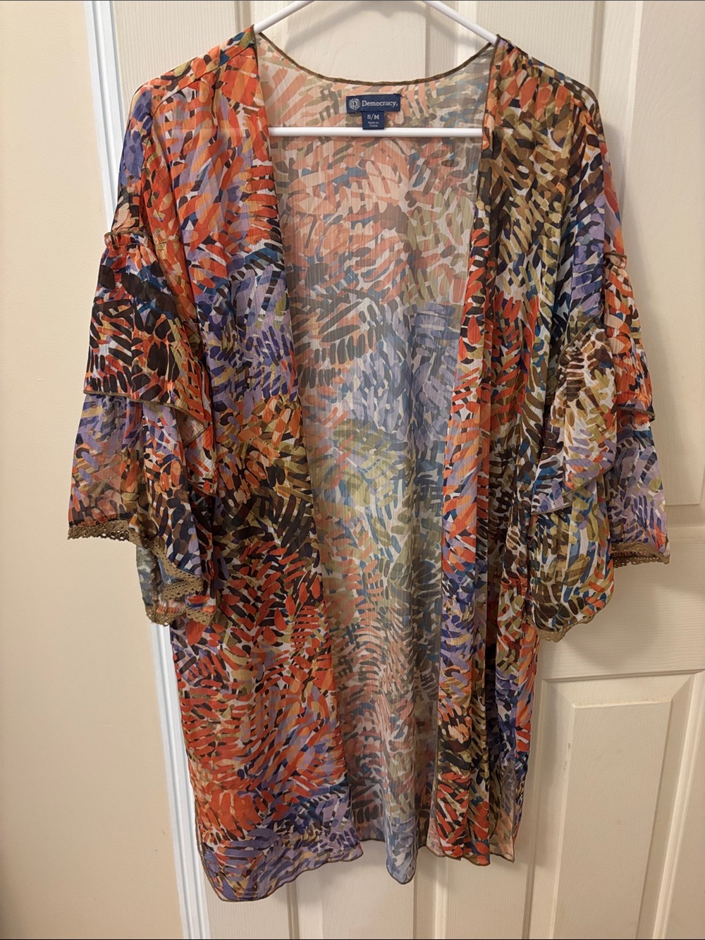 Democracy Multicolor Sheer Open-Front Kimono in Orange, Purple, Blue and Olive